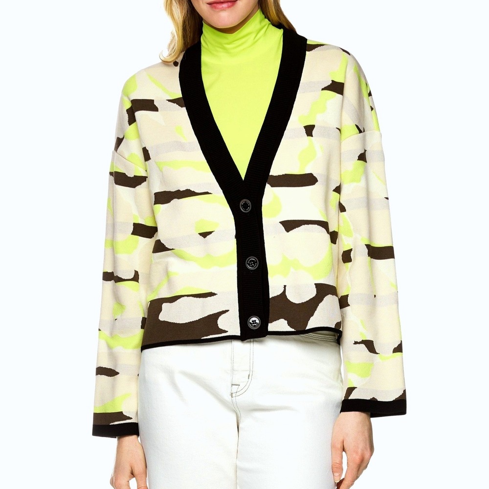 Marc Cain Sports Leopard Stripe Cardigan Neon Yellow Knitted Germany Sz N2 US 4